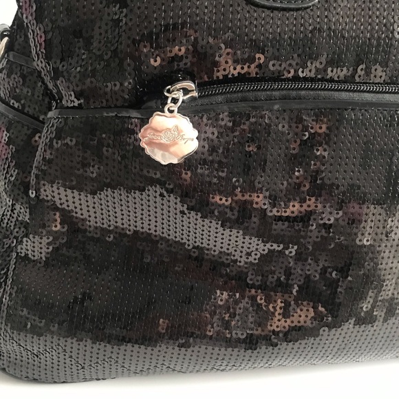 Joan Boyce Glam Black Sequins Overnight Oversized Travel Tote Crossbody Bag - Picture 10 of 16